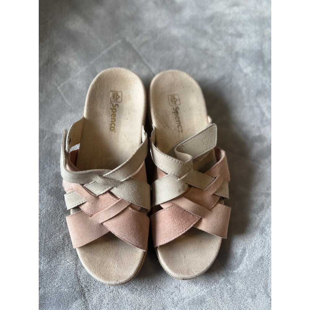 Spenco Suede Platform Slide Sandals Pink Beige Espadrille Orthotic Strappy 8.5W